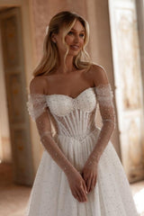 White Wedding Dress A Line Off The Shoulder Tulle Long Sleeve Bridal Gown