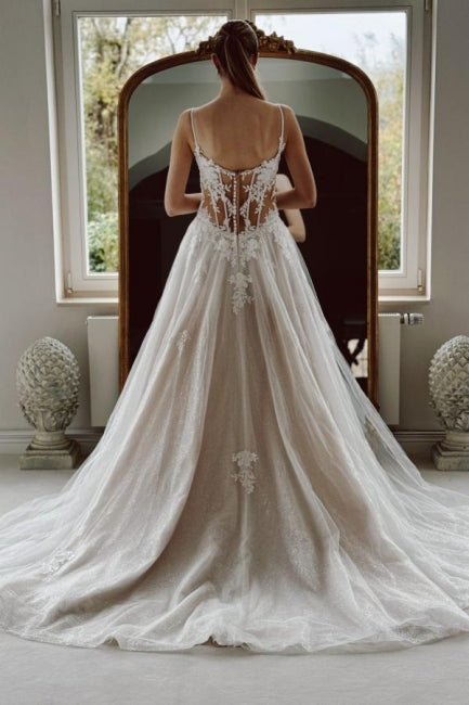White Wedding Dress A Line Spaghetti Strap Beaded Cathedral Train Lace Tulle Bridal Gown With Appliques