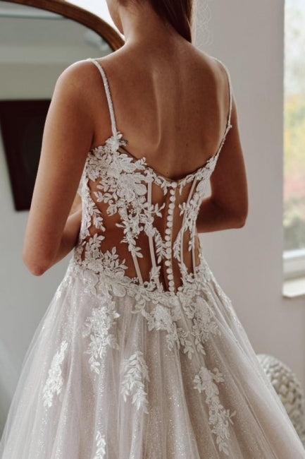 White Wedding Dress A Line Spaghetti Strap Beaded Cathedral Train Lace Tulle Bridal Gown With Appliques