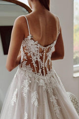 White Wedding Dress A Line Spaghetti Strap Beaded Cathedral Train Lace Tulle Bridal Gown With Appliques