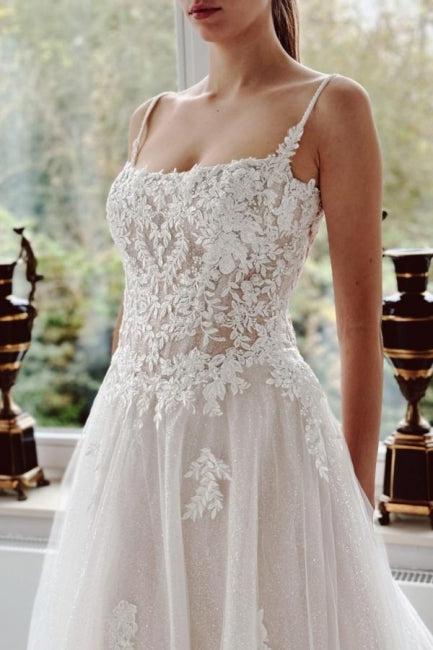White Wedding Dress A Line Spaghetti Strap Beaded Cathedral Train Lace Tulle Bridal Gown With Appliques