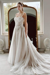 White Wedding Dress A Line Spaghetti Strap Beaded Cathedral Train Lace Tulle Bridal Gown With Appliques