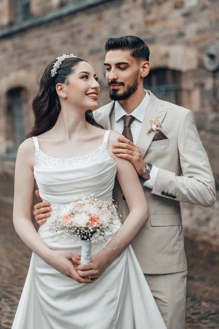White Wedding Dress A Line Spaghetti Strap Ruffle Sweep Train Satin Bridal Gown With Slit