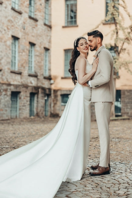 White Wedding Dress A Line Spaghetti Strap Ruffle Sweep Train Satin Bridal Gown With Slit