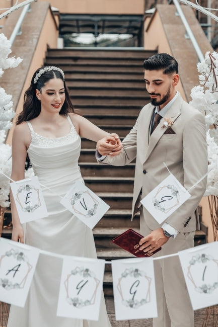 White Wedding Dress A Line Spaghetti Strap Ruffle Sweep Train Satin Bridal Gown With Slit