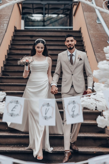 White Wedding Dress A Line Spaghetti Strap Ruffle Sweep Train Satin Bridal Gown With Slit