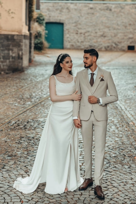 White Wedding Dress A Line Spaghetti Strap Ruffle Sweep Train Satin Bridal Gown With Slit
