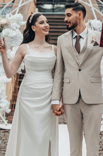 White Wedding Dress A Line Spaghetti Strap Ruffle Sweep Train Satin Bridal Gown With Slit