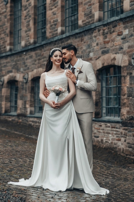 White Wedding Dress A Line Spaghetti Strap Ruffle Sweep Train Satin Bridal Gown With Slit