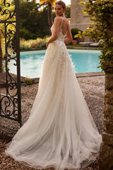 White Wedding Dress A Line Spaghetti Strap V Neck Beaded Sleeveless Tulle Bridal Gown With Appliques
