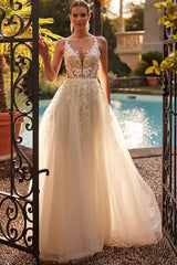 White Wedding Dress A Line Spaghetti Strap V Neck Beaded Sleeveless Tulle Bridal Gown With Appliques