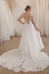 White Wedding Dress A Line Spaghetti Strap V Neck Sleeveless Chiffon Split Front Bridal Gown With Appliques