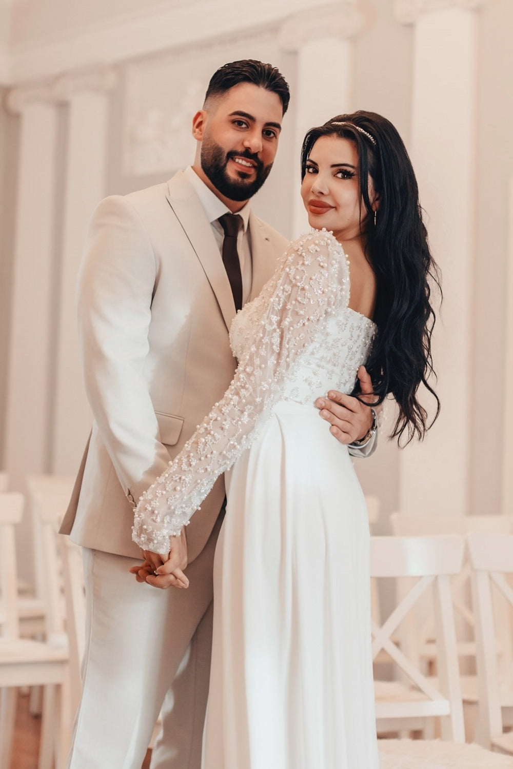 White Wedding Dress A Line Square Beaded Sleeves Ruffles Panel Train Satin Bridal Gown