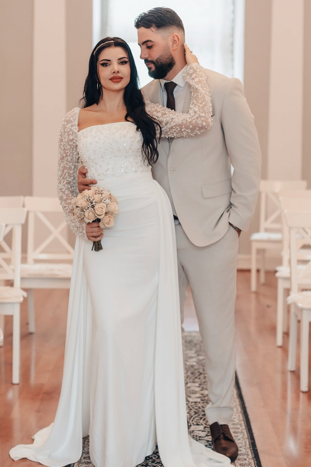 White Wedding Dress A Line Square Beaded Sleeves Ruffles Panel Train Satin Bridal Gown