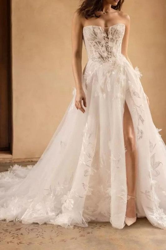 White Wedding Dress A Line Strapless Appliques Bridal Dress with Slit