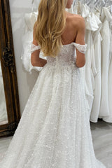 White Wedding Dress A Line Strapless Off The Shoulder Sleeveless Beaded Tulle Bridal Gown With Pearls
