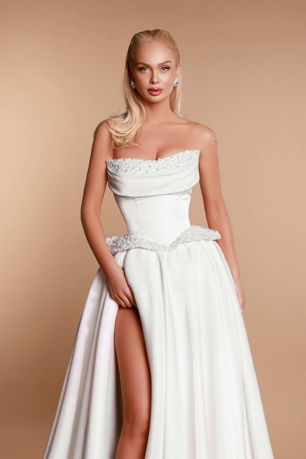 White Wedding Dress A Line Strapless Sleeveless Beaded Long Split Front Satin Bridal Gown With Pearls