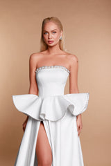 White Wedding Dress A Line Strapless Sleeveless Beaded Satin Ruffle Bridal Gown With High Slit