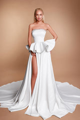 White Wedding Dress A Line Strapless Sleeveless Beaded Satin Ruffle Bridal Gown With High Slit
