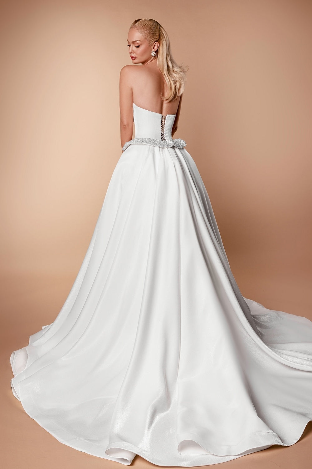 White Wedding Dress A Line Strapless Sleeveless Beaded Split Front Satin Bridal Gown With Pearls