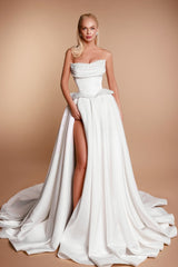 White Wedding Dress A Line Strapless Sleeveless Beaded Split Front Satin Bridal Gown With Pearls