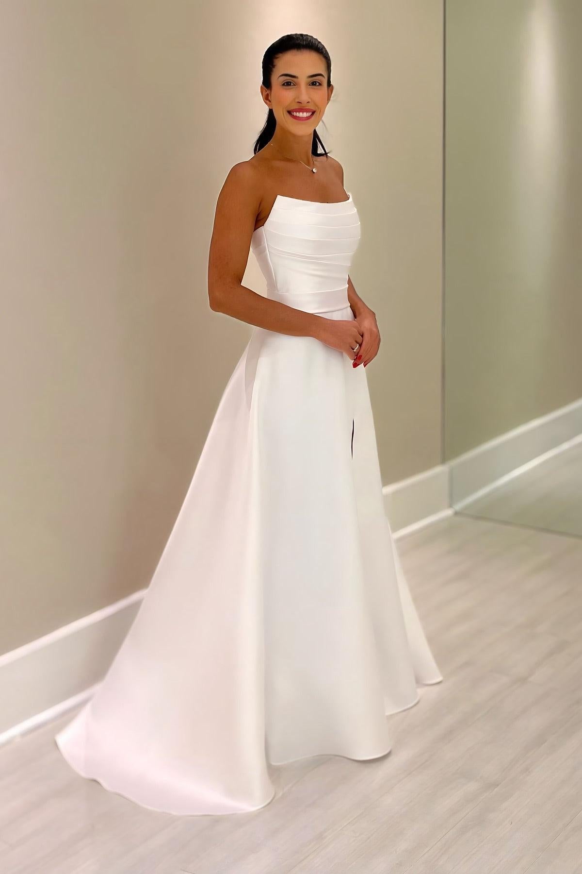 White Wedding Dress A Line Strapless Sleeveless Floor Length Satin Bridal Gown With Ruffles