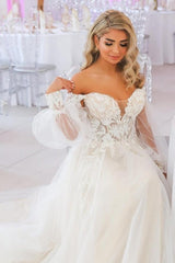 White Wedding Dress A Line Sweetheart Off The Shoulder Lace Tulle Bridal Gown With Appliques
