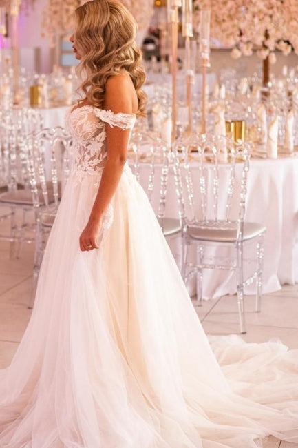 White Wedding Dress A Line Sweetheart Off The Shoulder Lace Tulle Bridal Gown With Appliques