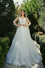 White Wedding Dress A Line Sweetheart Sleeves Tulle Bridal Gown With Appliques