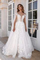 White Wedding Dress A Line V Neck Cap Sleeves Lace Tulle Bridal Gown With Appliques