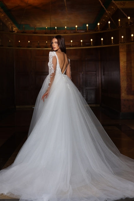 White Wedding Dress A Line V Neck Sleeves Backless Ball Gown Lace Tulle Bridal Gown With Slit