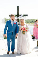 White Wedding Dress A Line V Neck Sleeves Lace Chapel Train Bridal Gown With Appliques