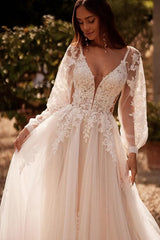 White Wedding Dress A Line V Neck Sleeves Sweep Train Tulle Bridal Gown With Appliques