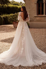 White Wedding Dress A Line V Neck Sleeves Sweep Train Tulle Bridal Gown With Appliques