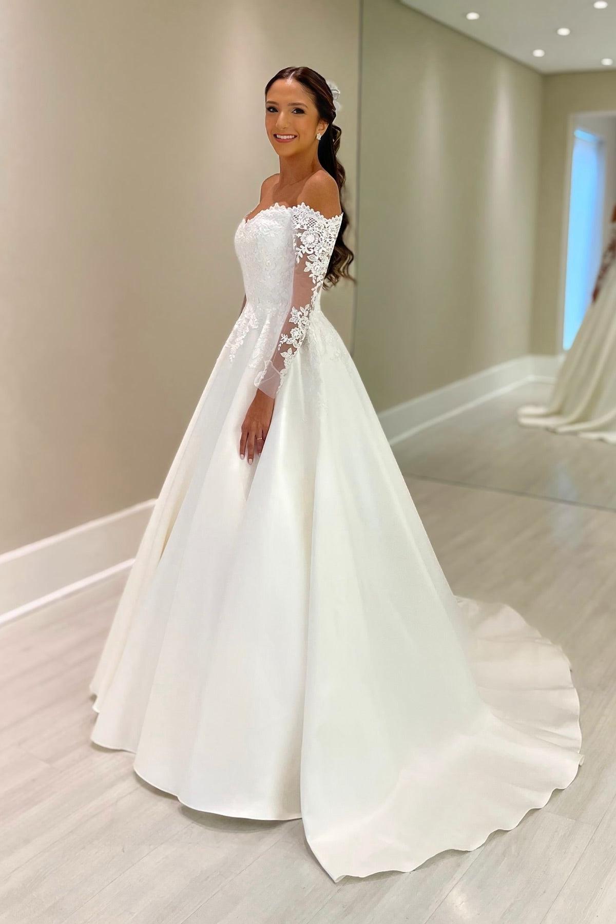 White Wedding Dress Ball Gown Off The Shoulder Lace Long Sleeves Chapel Train Satin Bridal Gown