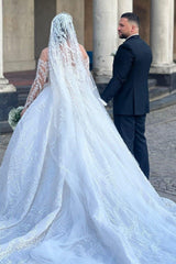 White Wedding Dress Ball Gown Off The Shoulder Long Sleeves Beaded Lace Cathedral Train Bridal Gown