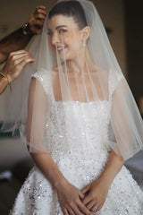 White Wedding Dress Ball Gown Square Spaghetti Straps Sleeveless Beaded Sequined Cathedral Train Bridal Gown