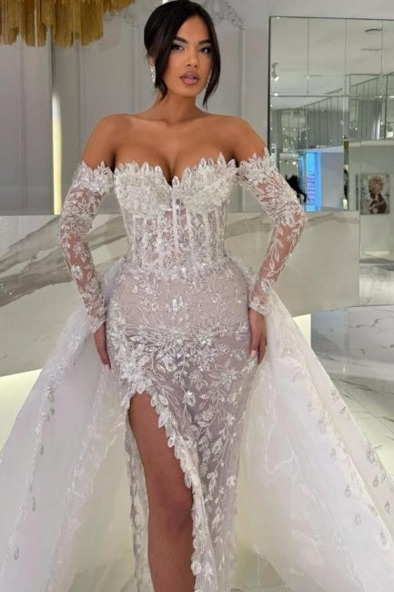 White Wedding Dress Column Sweetheart Off The Shoulder Long Sleeves Panel Train Lace Bridal Gown With Slit