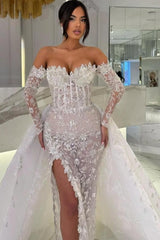 White Wedding Dress Column Sweetheart Off The Shoulder Sleeves Panel Train Lace Bridal Gown With Slit