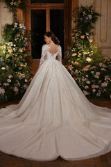 White Wedding Dress High Neck A Line Sleeves Ball Gown Cathedral Train Lace Bridal Gown With Sequins