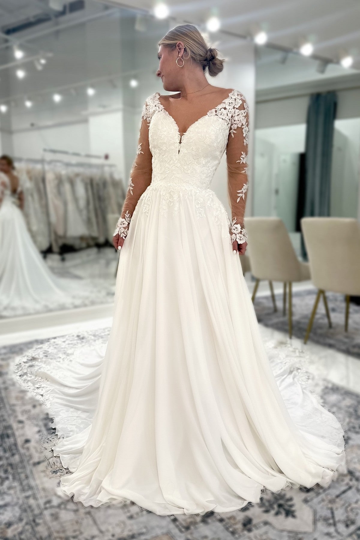 White Wedding Dress Lace A Line V Neck Backless Sleeves Cathedral Train Chiffon Bridal Gown