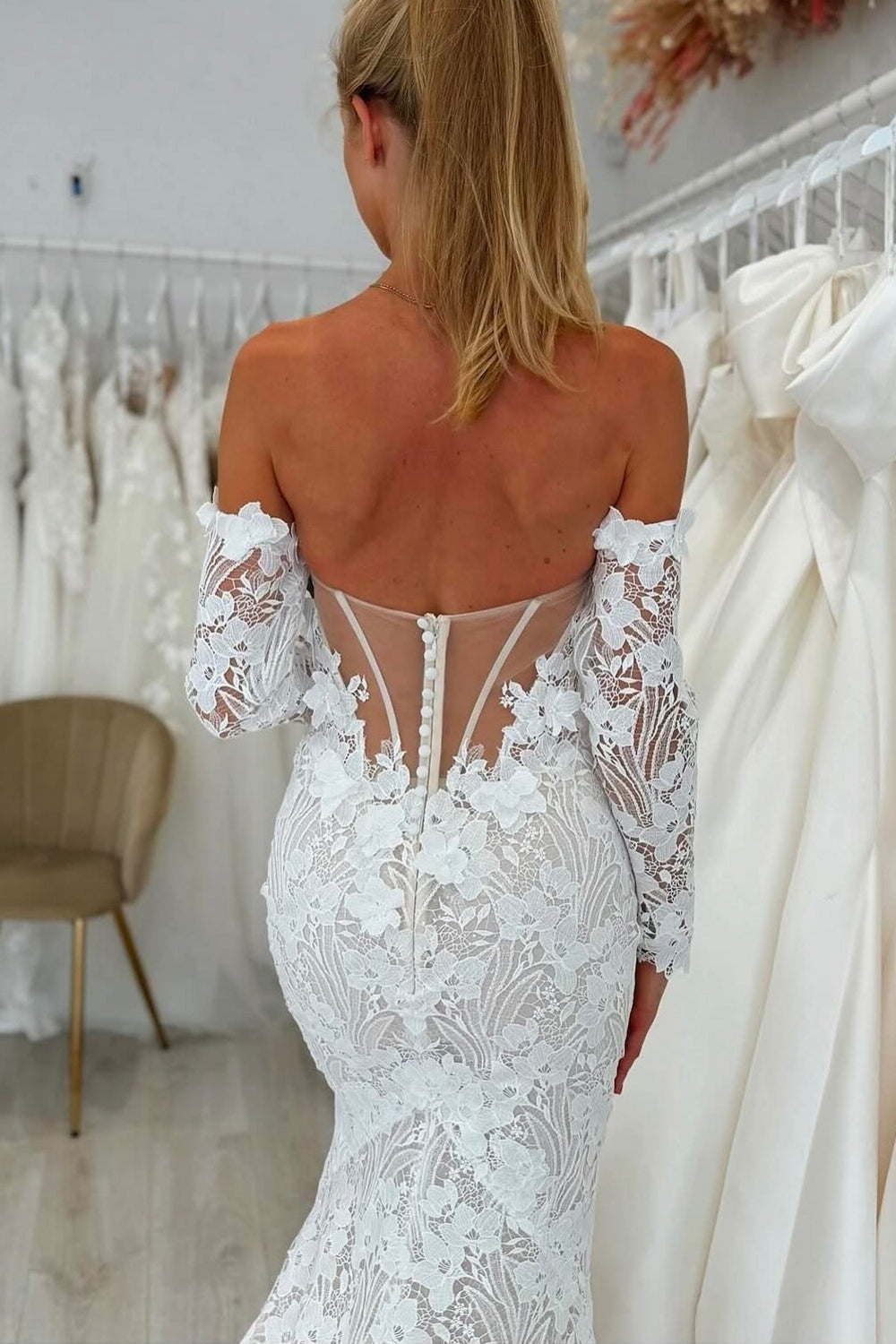 White Wedding Dress Lace Mermaid Sweetheart Off The Shoulder Long Sleeves Cathedral Train Bridal Gown