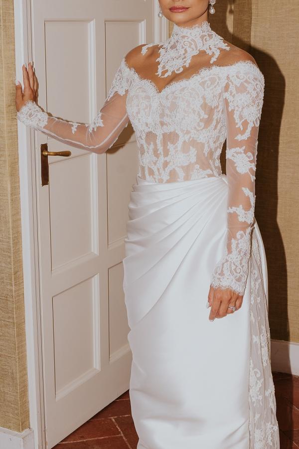 White Wedding Dress Mermaid High Neck Lace Satin Ruffle Detachable Panel Train Bridal Gown With Appliques