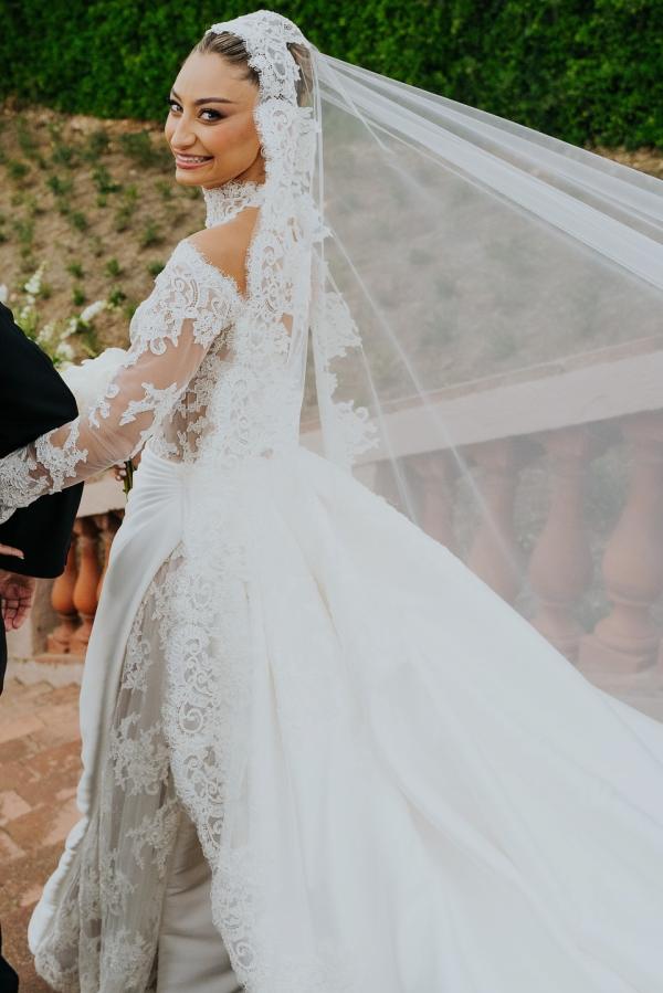 White Wedding Dress Mermaid High Neck Lace Satin Ruffle Detachable Panel Train Bridal Gown With Appliques