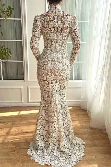 White Wedding Dress Mermaid High Neck Long Sleeves Floor Length Lace Bridal Gown With Pearls