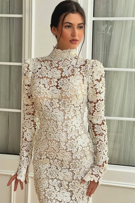 White Wedding Dress Mermaid High Neck Long Sleeves Floor Length Lace Bridal Gown With Pearls