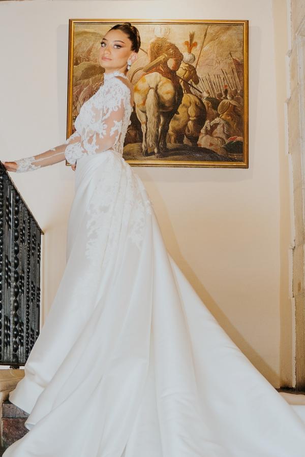 White Wedding Dress Mermaid High Neck Long Sleeves Lace Long Satin Ruffle Detachable Panel Train Bridal Gown With Appliques