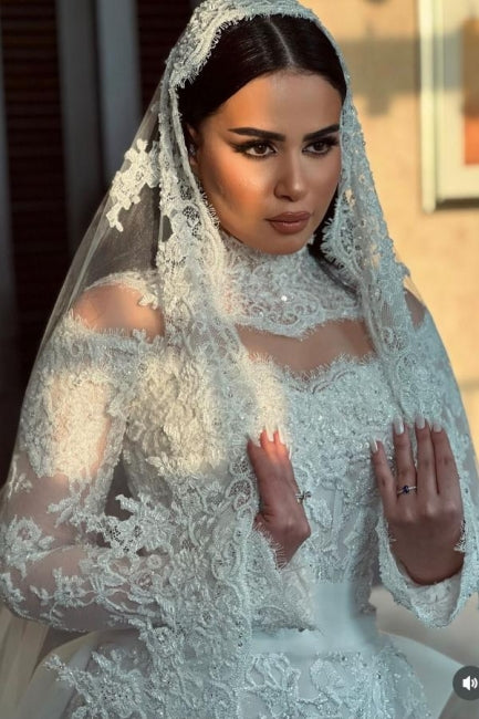 White Wedding Dress Mermaid High Neck Sequined Long Sleeve Panel Train Lace Bridal Gown With Appliques