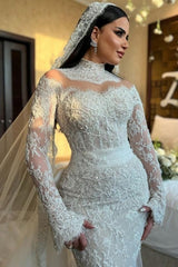 White Wedding Dress Mermaid High Neck Sequined Sleeve Panel Train Lace Bridal Gown With Appliques