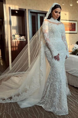 White Wedding Dress Mermaid High Neck Sequined Sleeve Panel Train Lace Bridal Gown With Appliques